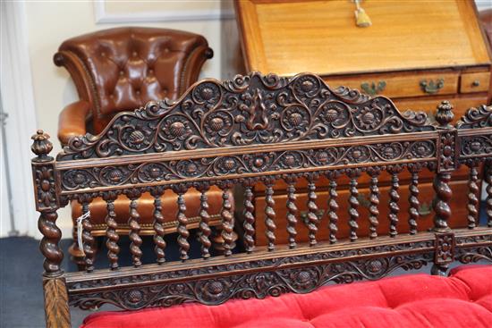 A late 19th century Indo-Portuguese hardwood settee, W.6ft 6in. D.2ft 3in. H.3ft 5in.